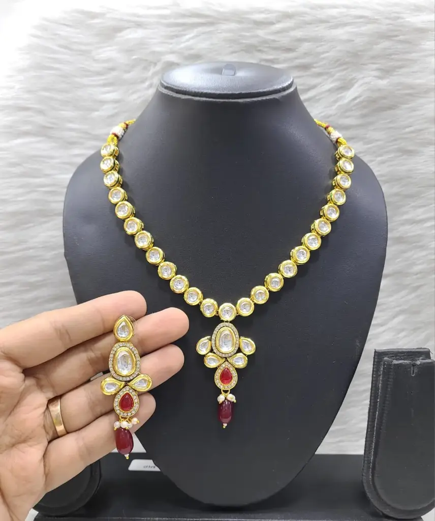K31 MAROON Dabbi Kundan With Back Meena Necklace Earring Jewellery set