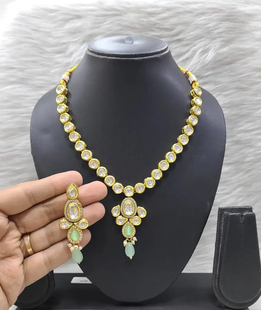 [K31 MINT GREEN] Vibrant Stylish K31 Mint Green Dabbi Kundan With Back Meena Necklace Earring Jewellery Set