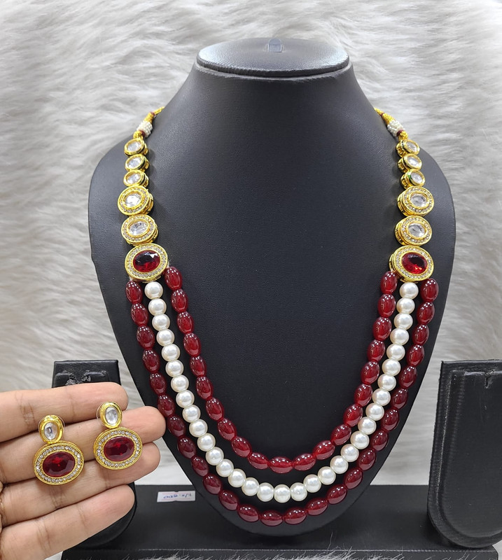 [K32 MAROON] Chic Bespoke K32 Maroon Dabbi Kundan With Back Meena Necklace Earring Jewellery Set