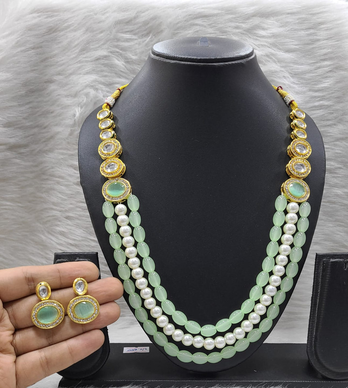 [K32 MINT GREEN] Magnifique Bespoke K32 Mint Green Dabbi Kundan With Back Meena Necklace Earring Jewellery Set