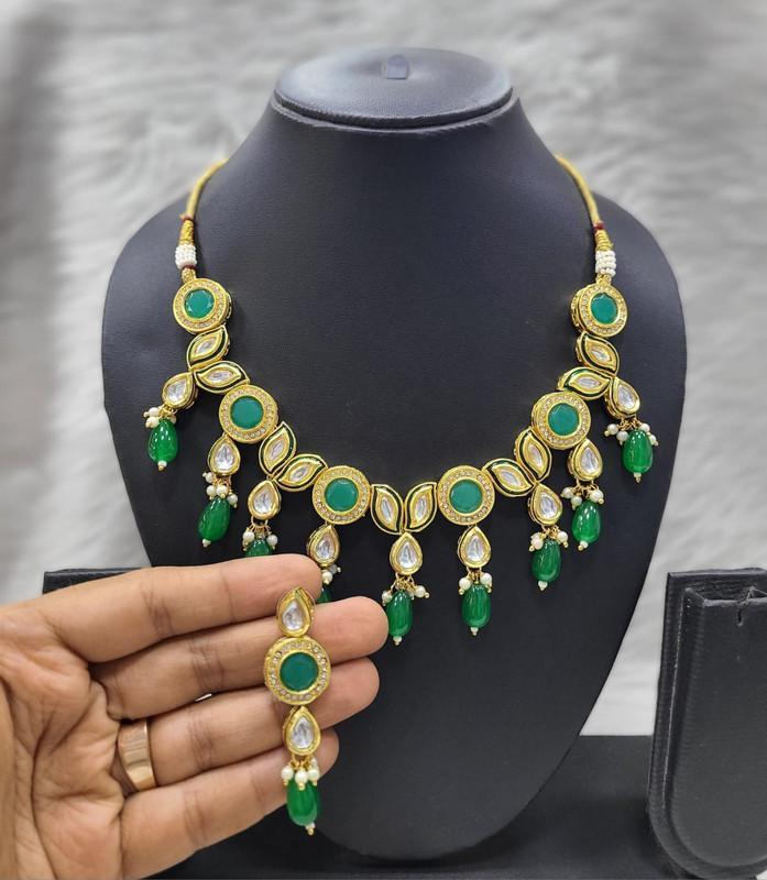[K33 GREEN] Desi Bespoke K33 Green Dabbi Kundan With Back Meena Necklace Earring Jewellery Set