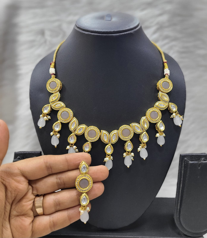 [K33 GREY] Royal Bespoke K33 Grey Dabbi Kundan With Back Meena Necklace Earring Jewellery Set