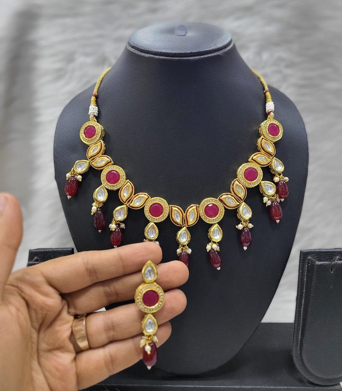 [K33 MAROON] Classic Bespoke K33 Maroon Dabbi Kundan With Back Meena Necklace Earring Jewellery Set