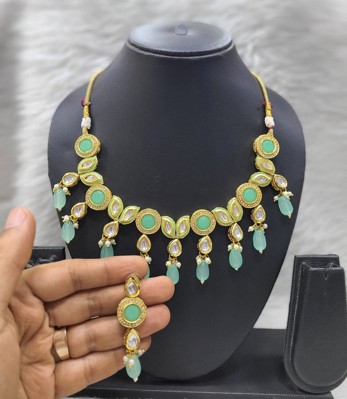 [K33 MINT GREEN] Glamorous Bespoke K33 Mint Green Dabbi Kundan With Back Meena Necklace Earring Jewellery Set