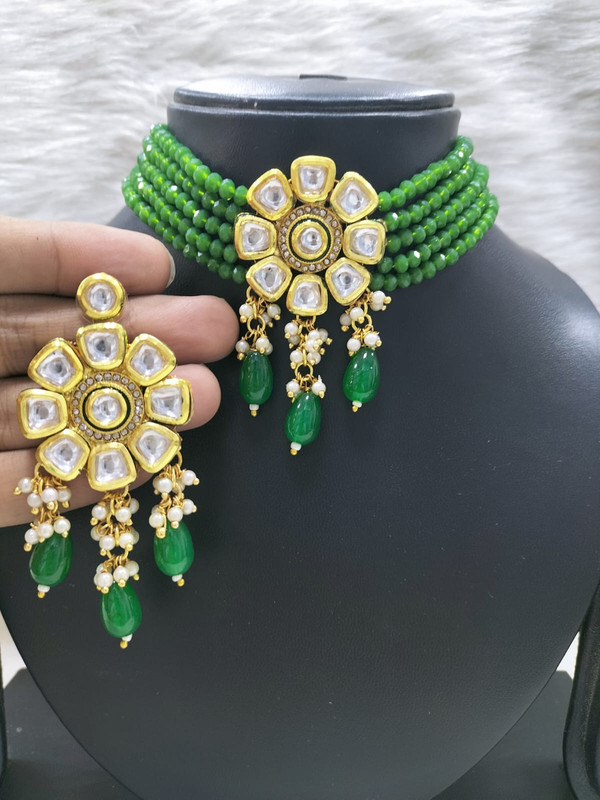 K34 GREEN Dabbi Kundan With Back Meena Necklace Earring Jewellery set