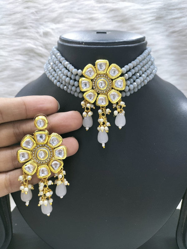 K34 GREY Dabbi Kundan With Back Meena Necklace Earring Jewellery set