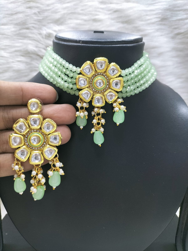 [K34 MINT GREEN] Shandaar Bespoke K34 Mint Green Dabbi Kundan With Back Meena Necklace Earring Jewellery Set