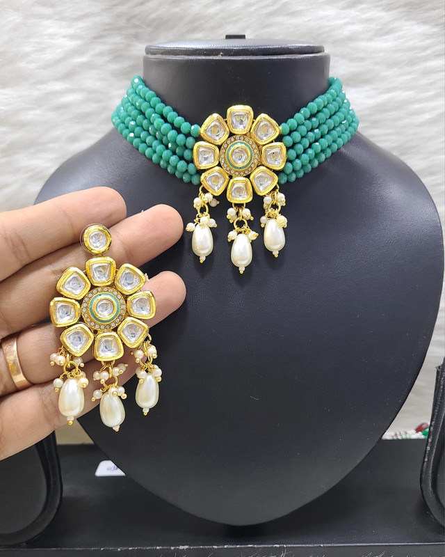 [K34 TEAL] Exquisite Bespoke K34 Teal Dabbi Kundan With Back Meena Necklace Earring Jewellery Set
