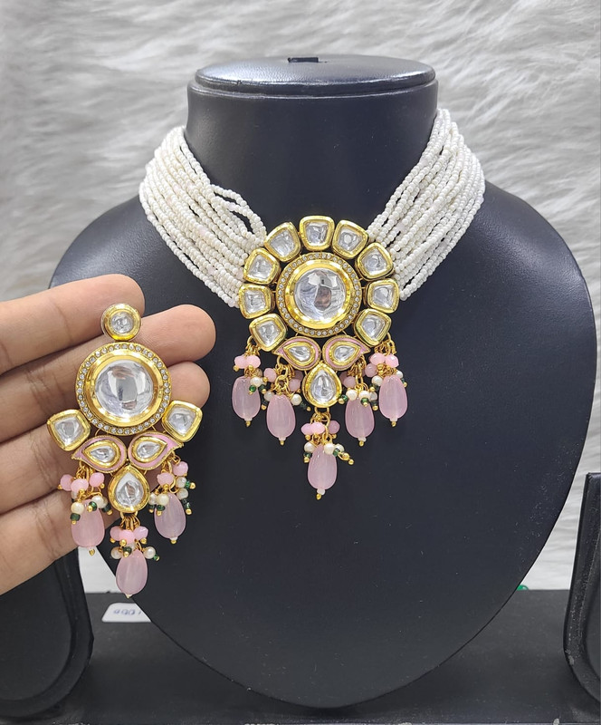 [K35 BABY PINK] Gorgeous Bespoke K35 Baby Pink Dabbi Kundan With Back Meena Necklace Earring Jewellery Set