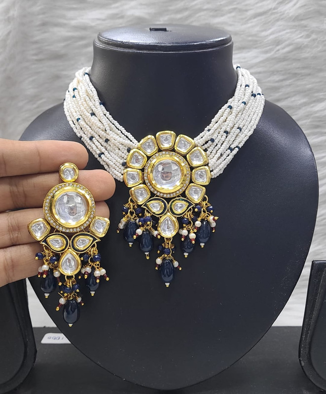 K35 BLUE Dabbi Kundan With Back Meena Necklace Earring Jewellery set