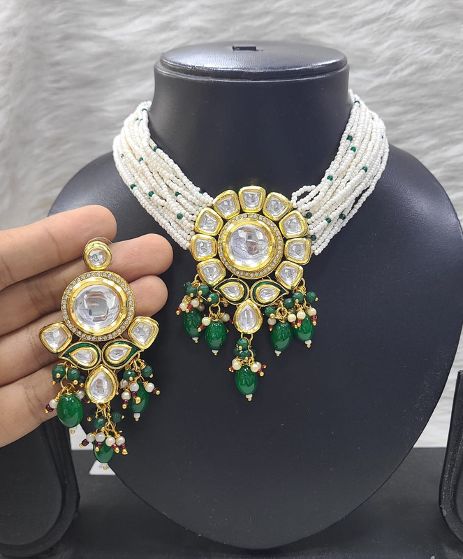 [K35 GREEN] Stunning Bespoke K35 Green Dabbi Kundan With Back Meena Necklace Earring Jewellery Set