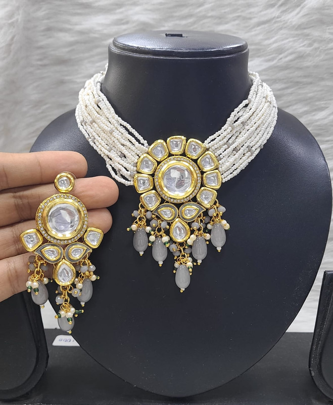 [K35 GREY] Premium Bespoke K35 Grey Dabbi Kundan With Back Meena Necklace Earring Jewellery Set