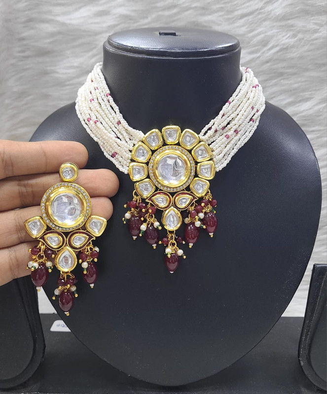 K35 MAROON Dabbi Kundan With Back Meena Necklace Earring Jewellery set