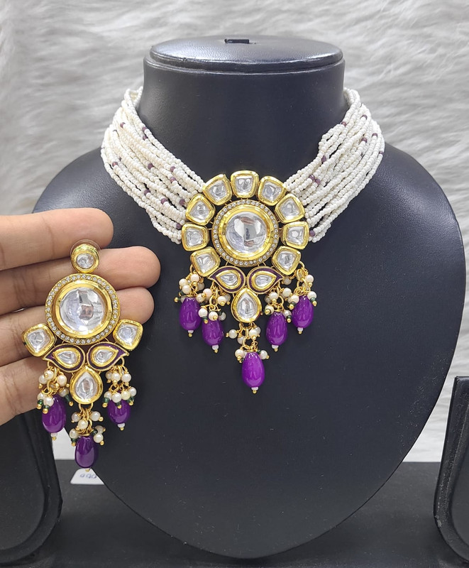 K35 PURPLE Dabbi Kundan With Back Meena Necklace Earring Jewellery set