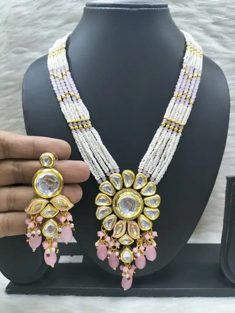 K37 BABY PINK Dabbi Kundan With Back Meena Necklace Earring Jewellery set
