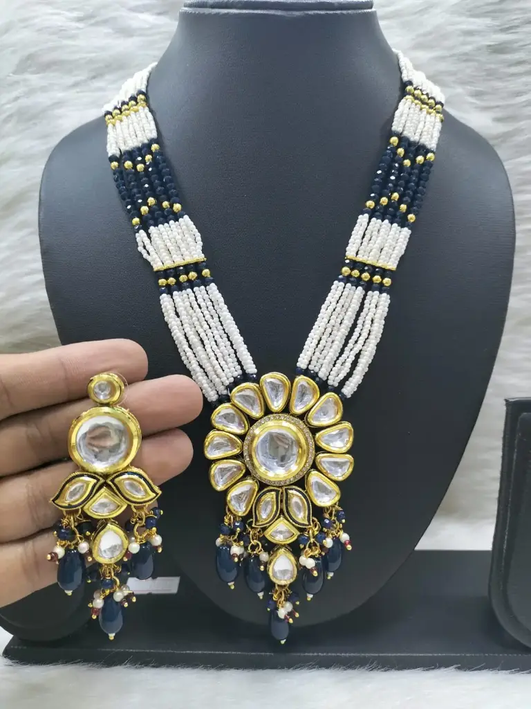 [K37 BLUE] Artisan Bespoke K37 Blue Dabbi Kundan With Back Meena Necklace Earring Jewellery Set