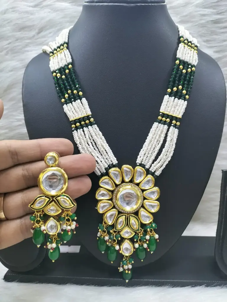 [K37 GREEN] Divine Bespoke K37 Green Dabbi Kundan With Back Meena Necklace Earring Jewellery Set