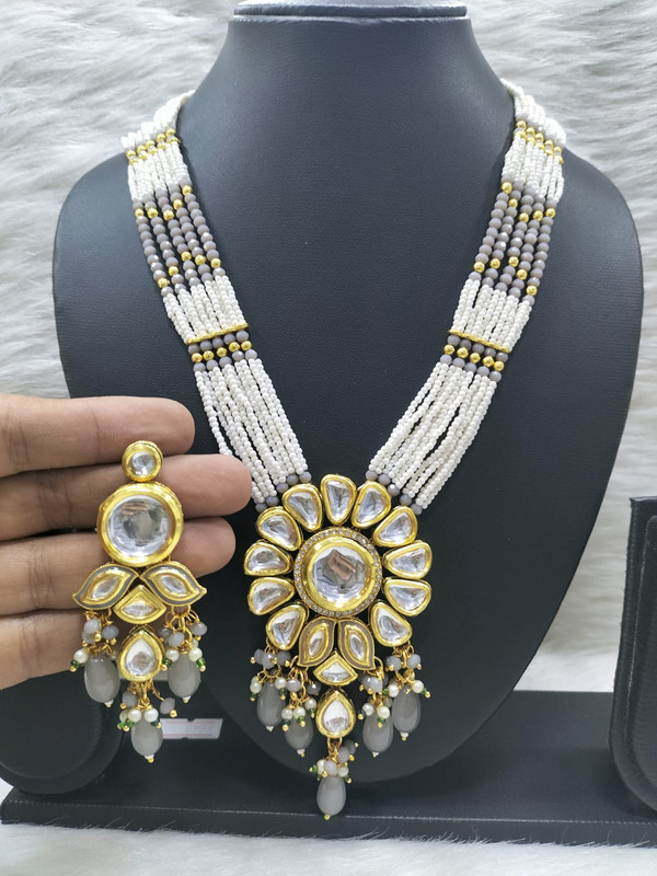 [K37 GREY] Regal Bespoke K37 Grey Dabbi Kundan With Back Meena Necklace Earring Jewellery Set