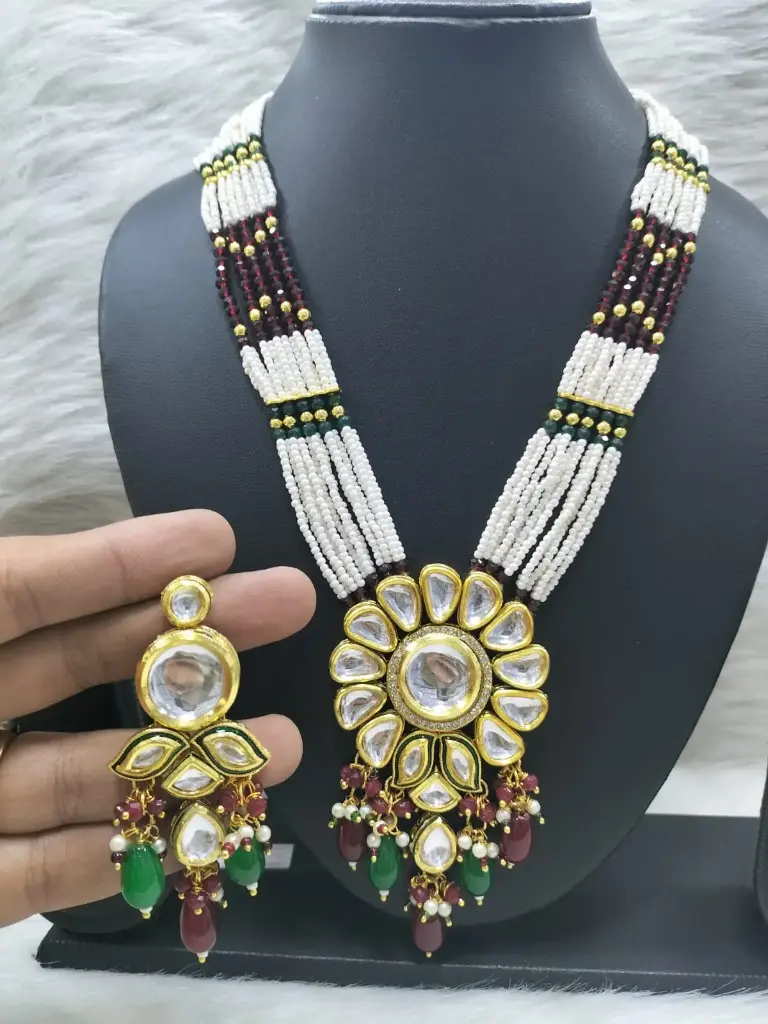 [K37 MAROON GREEN] Opulent Bespoke K37 Maroon Green Dabbi Kundan With Back Meena Necklace Earring Jewellery Set
