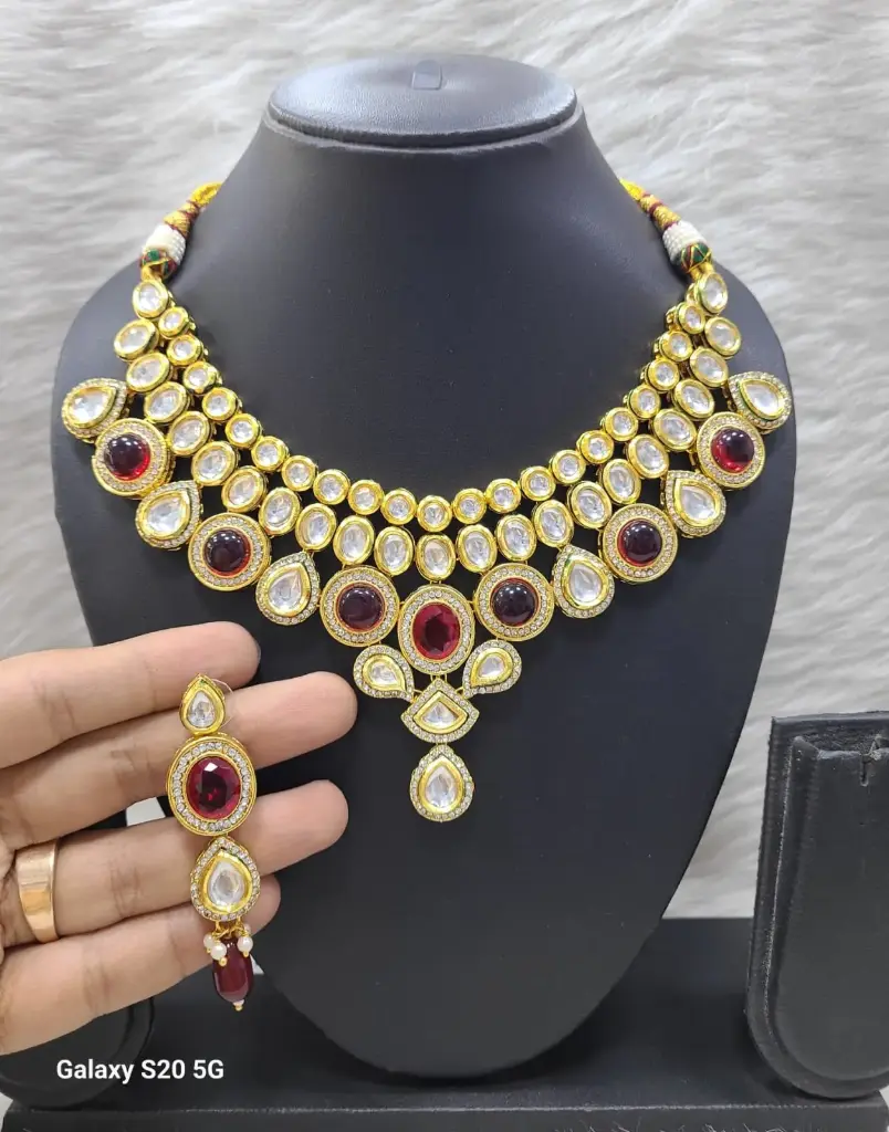 [K38 MAROON] Grand Bespoke K38 Maroon Dabbi Kundan With Back Meena Necklace Earring Jewellery Set