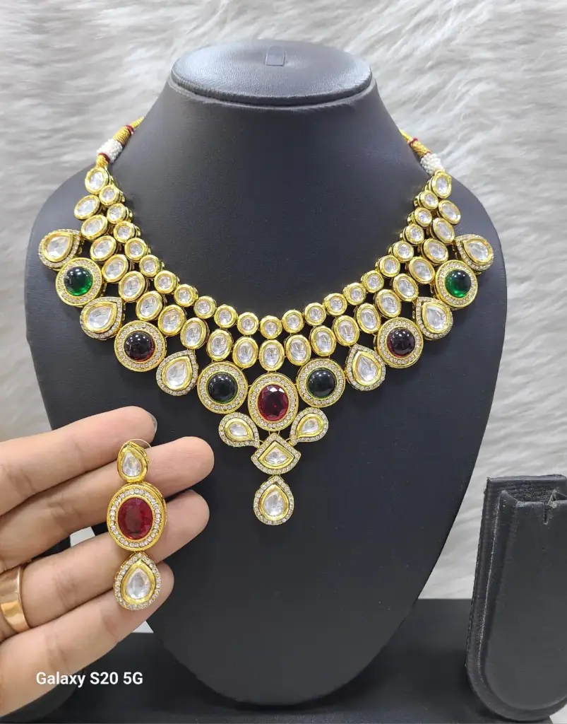 [K38 MAROON GREEN] Dazzling Bespoke K38 Maroon Green Dabbi Kundan With Back Meena Necklace Earring Jewellery Set