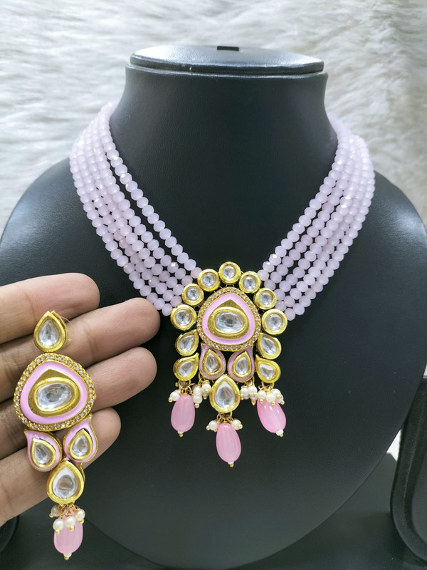 [K40 BABY PINK] Radiant Bespoke K40 Baby Pink Dabbi Kundan With Back Meena Necklace Earring Jewellery Set
