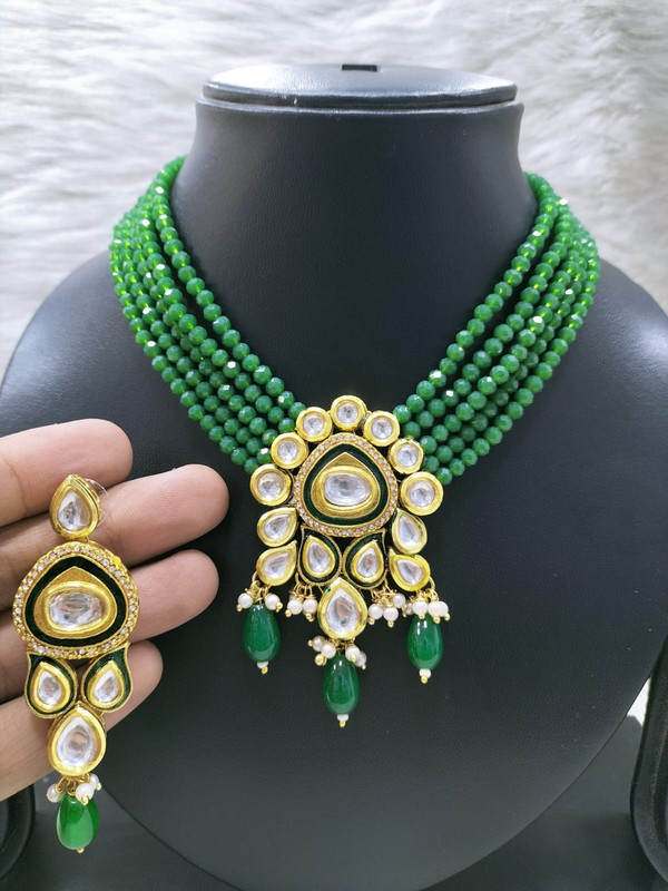 [K40 GREEN] Graceful Bespoke K40 Green Dabbi Kundan With Back Meena Necklace Earring Jewellery Set