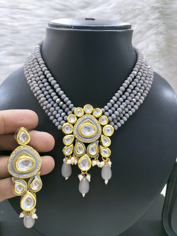 [K40 GREY] Alluring Bespoke K40 Grey Dabbi Kundan With Back Meena Necklace Earring Jewellery Set