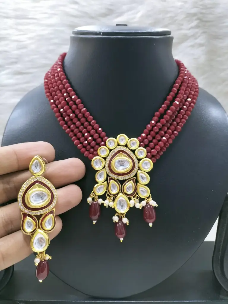 [K40 MAROON] Enchanting Bespoke K40 Maroon Dabbi Kundan With Back Meena Necklace Earring Jewellery Set