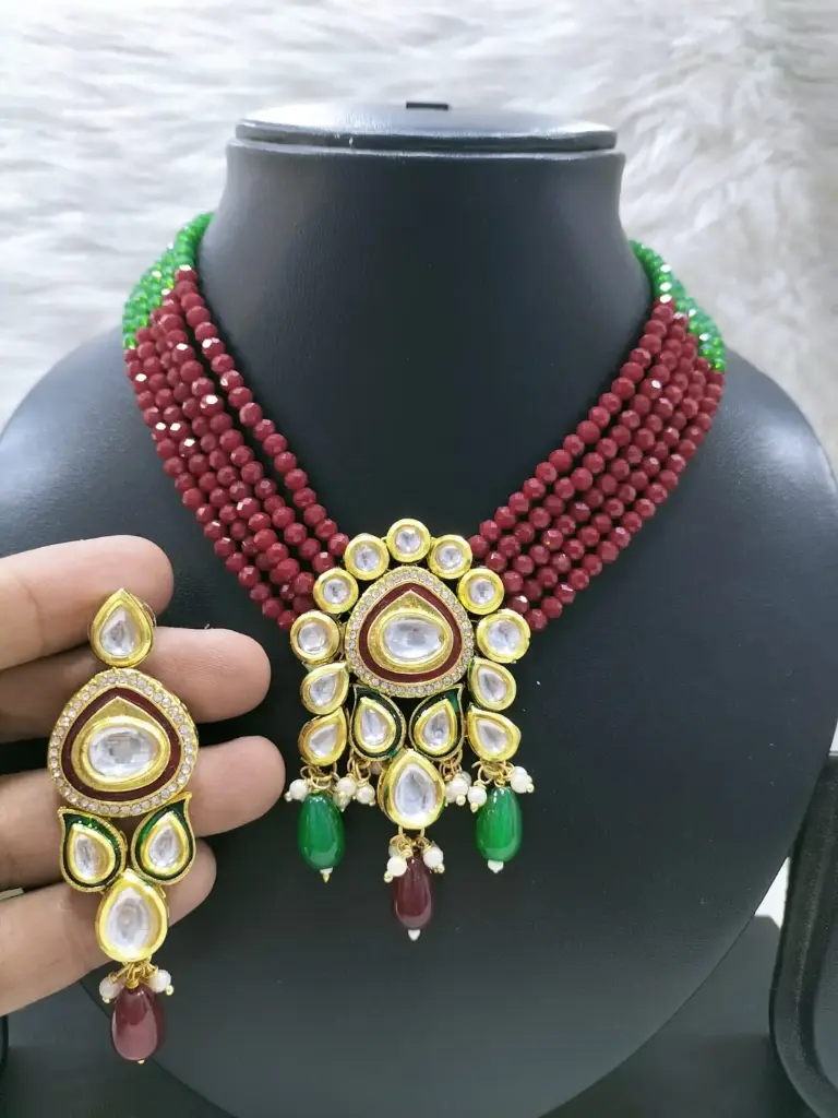[K40 MAROON GREEN] Splendid Bespoke K40 Maroon Green Dabbi Kundan With Back Meena Necklace Earring Jewellery Set