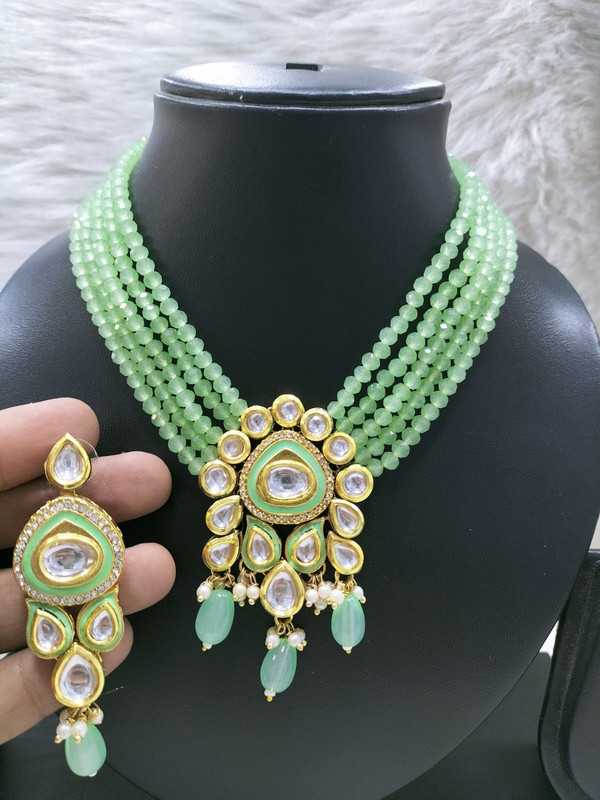 [K40 MINT GREEN] Mesmerizing Bespoke K40 Mint Green Dabbi Kundan With Back Meena Necklace Earring Jewellery Set
