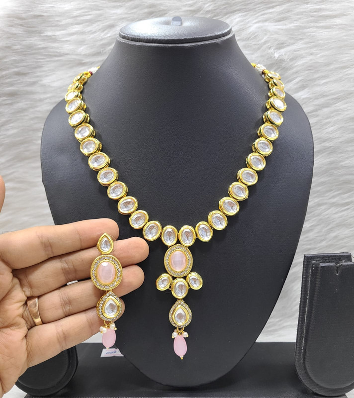 K41 BABY PINK Dabbi Kundan With Back Meena Necklace Earring Jewellery set