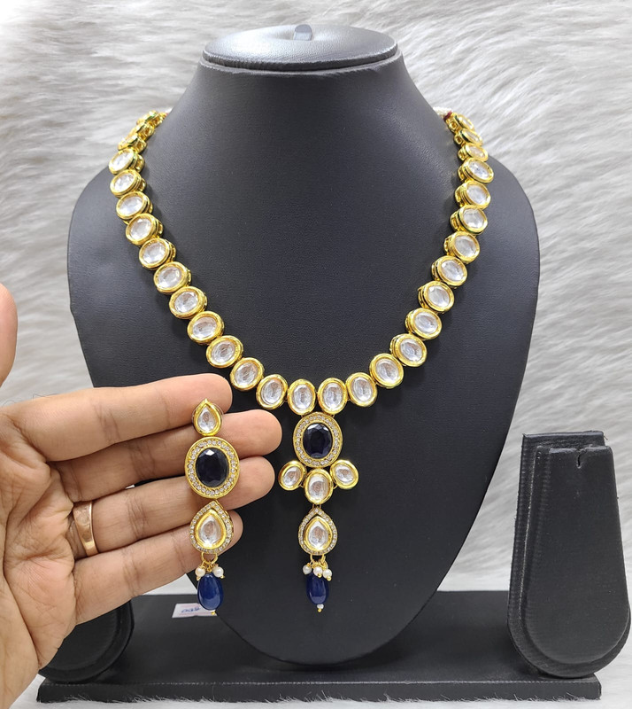 [K41 BLUE] Ethereal Bespoke K41 Blue Dabbi Kundan With Back Meena Necklace Earring Jewellery Set