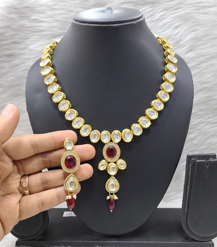 K41 MAROON Dabbi Kundan With Back Meena Necklace Earring Jewellery set