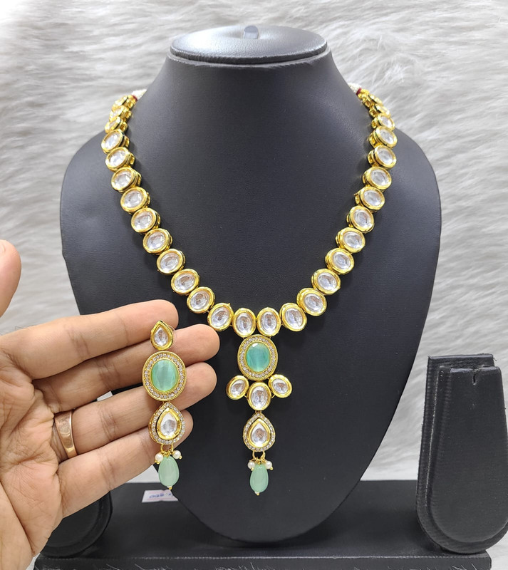 K41 MINT GREEN Dabbi Kundan With Back Meena Necklace Earring Jewellery set