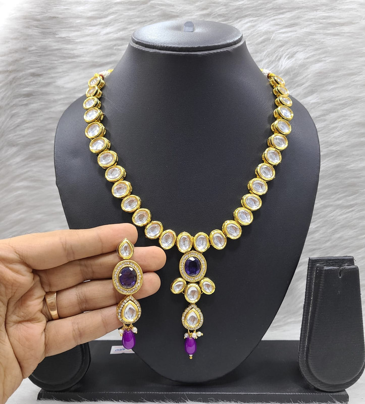 [K41 PURPLE] Ornate Bespoke K41 Purple Dabbi Kundan With Back Meena Necklace Earring Jewellery Set