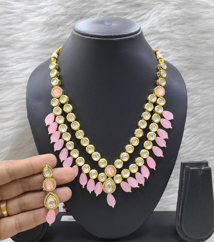 [K42 BABY PINK] Resplendent Bespoke K42 Baby Pink Dabbi Kundan With Back Meena Necklace Earring Jewellery Set