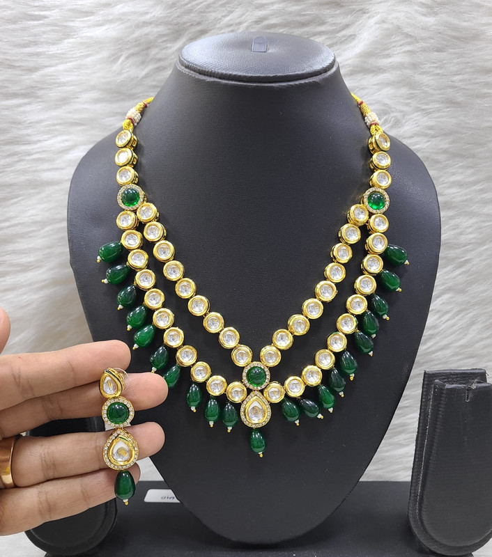 [K42 GREEN] Lustrous Bespoke K42 Green Dabbi Kundan With Back Meena Necklace Earring Jewellery Set