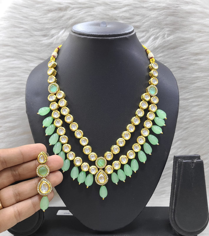 [K42 MINT GREEN] Vibrant Bespoke K42 Mint Green Dabbi Kundan With Back Meena Necklace Earring Jewellery Set