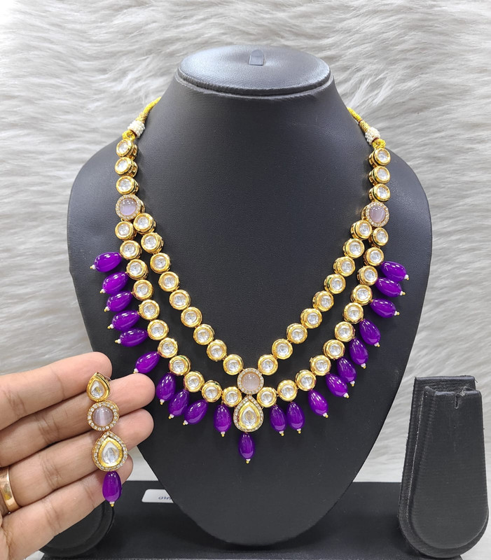 [K42 PURPLE] Elegant Couture K42 Purple Dabbi Kundan With Back Meena Necklace Earring Jewellery Set