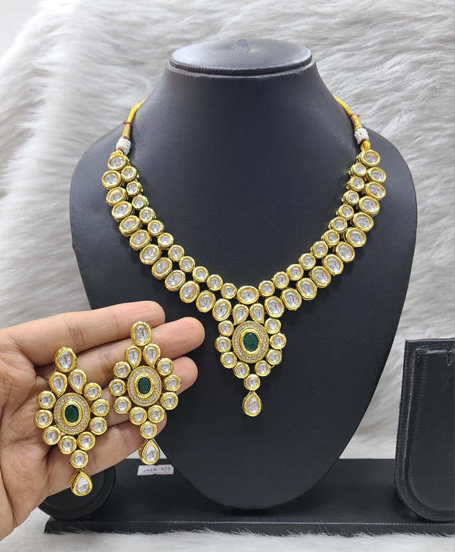 K44 GREEN Dabbi Kundan With Back Meena Necklace Earring Jewellery set