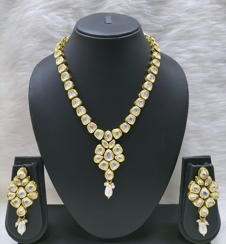 [K45 WHITE] Chic Couture K45 White Dabbi Kundan With Back Meena Necklace Earring Jewellery Set