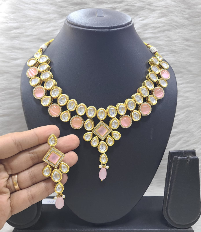 [K48 BABY PINK] Classic Couture K48 Baby Pink Dabbi Kundan With Back Meena Necklace Earring Jewellery Set