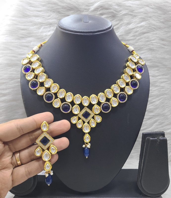 [K48 BLUE] Glamorous Couture K48 Blue Dabbi Kundan With Back Meena Necklace Earring Jewellery Set