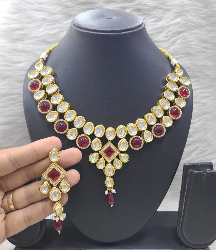 K48 MAROON Dabbi Kundan With Back Meena Necklace Earring Jewellery set