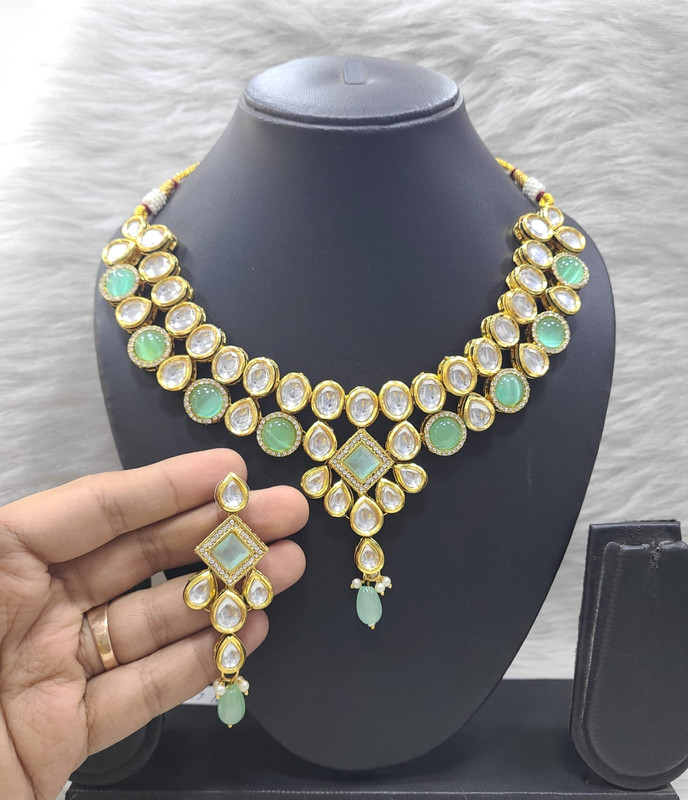[K48 MINT GREEN] Trendy Couture K48 Mint Green Dabbi Kundan With Back Meena Necklace Earring Jewellery Set