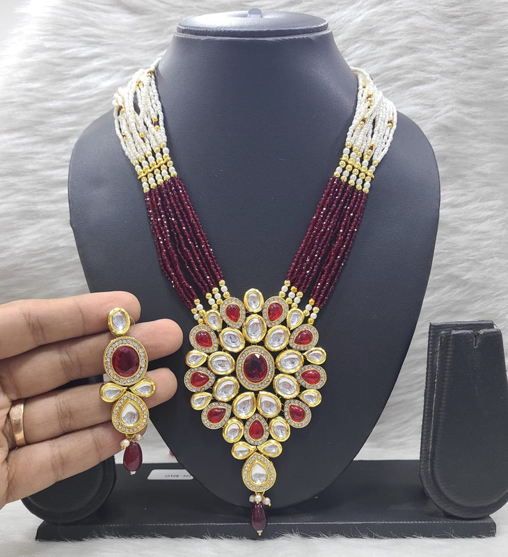 K50 MAROON Dabbi Kundan With Back Meena Necklace Earring Jewellery set