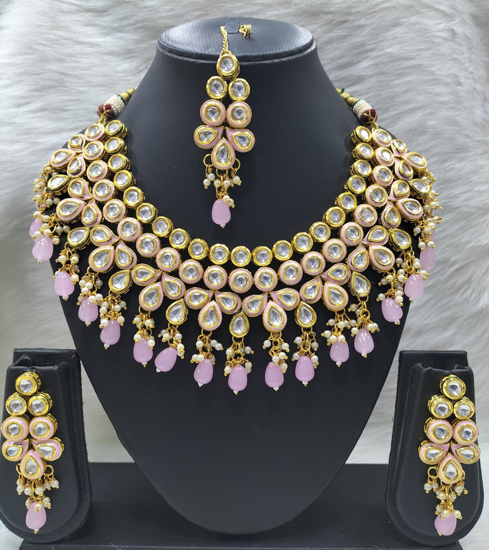 [K51 BABY PINK] Exquisite Couture K51 Baby Pink Dabbi Kundan With Back Meena Necklace Earring Jewellery Set