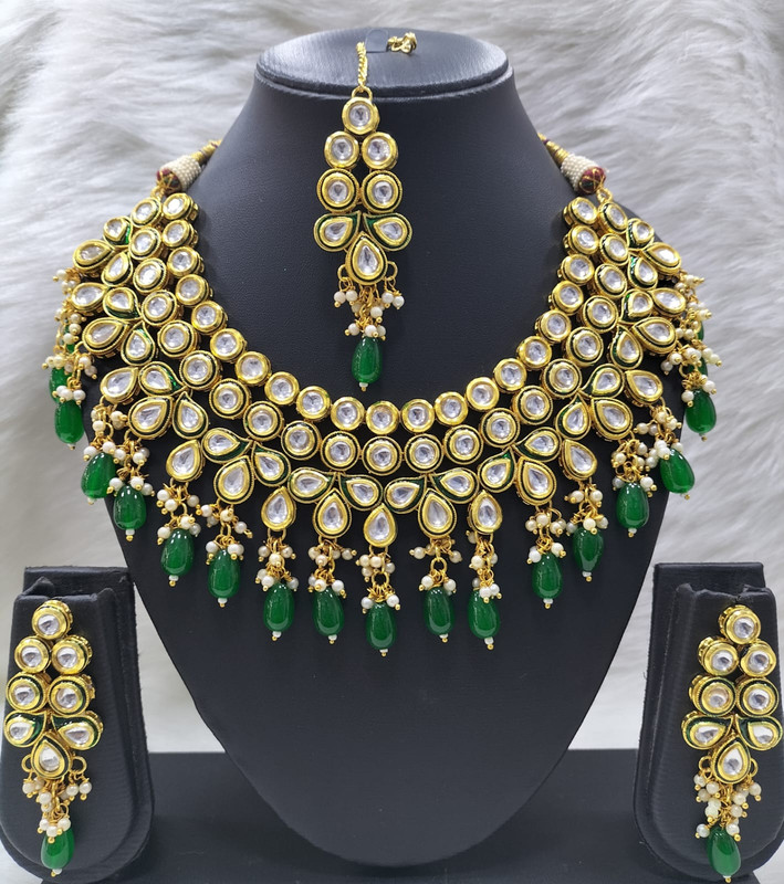 [K51 GREEN] Gorgeous Couture K51 Green Dabbi Kundan With Back Meena Necklace Earring Jewellery Set
