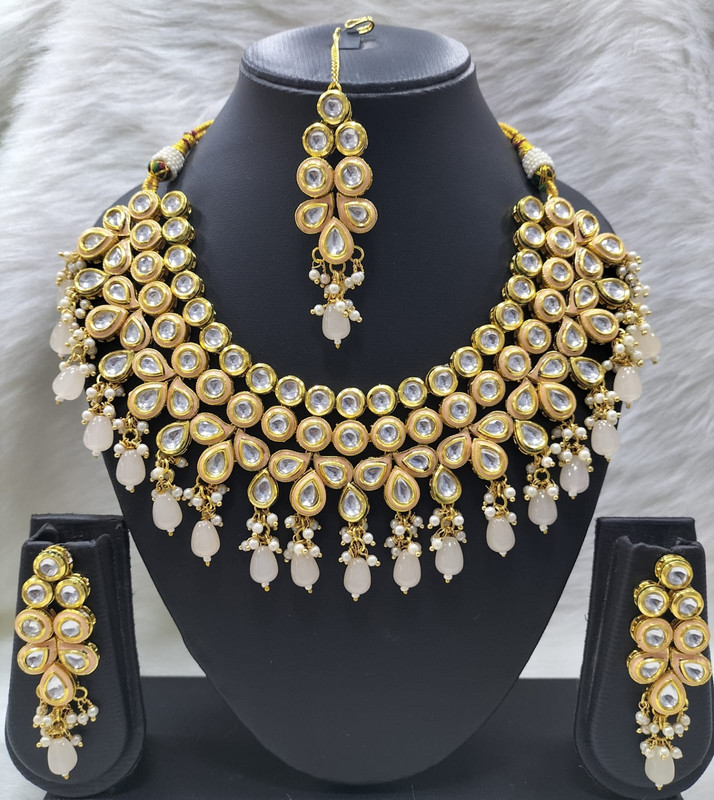 [K51 GREY] Beautiful Couture K51 Grey Dabbi Kundan With Back Meena Necklace Earring Jewellery Set
